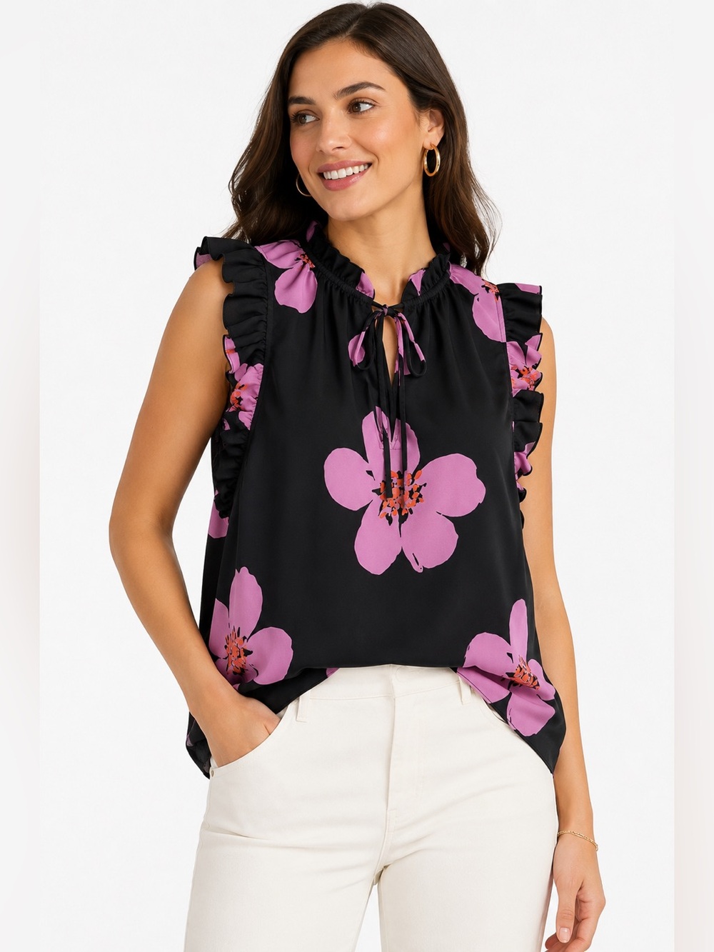 Kate Spade Grand Flora Tie Neck Ruffle Shell Top Black Pink Floral S Feminine